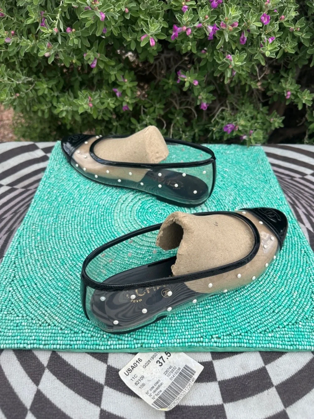 CHANEL PVC serial#GO2819 clear balerina flats 37 1/2 with Pearl Polka Studs-used